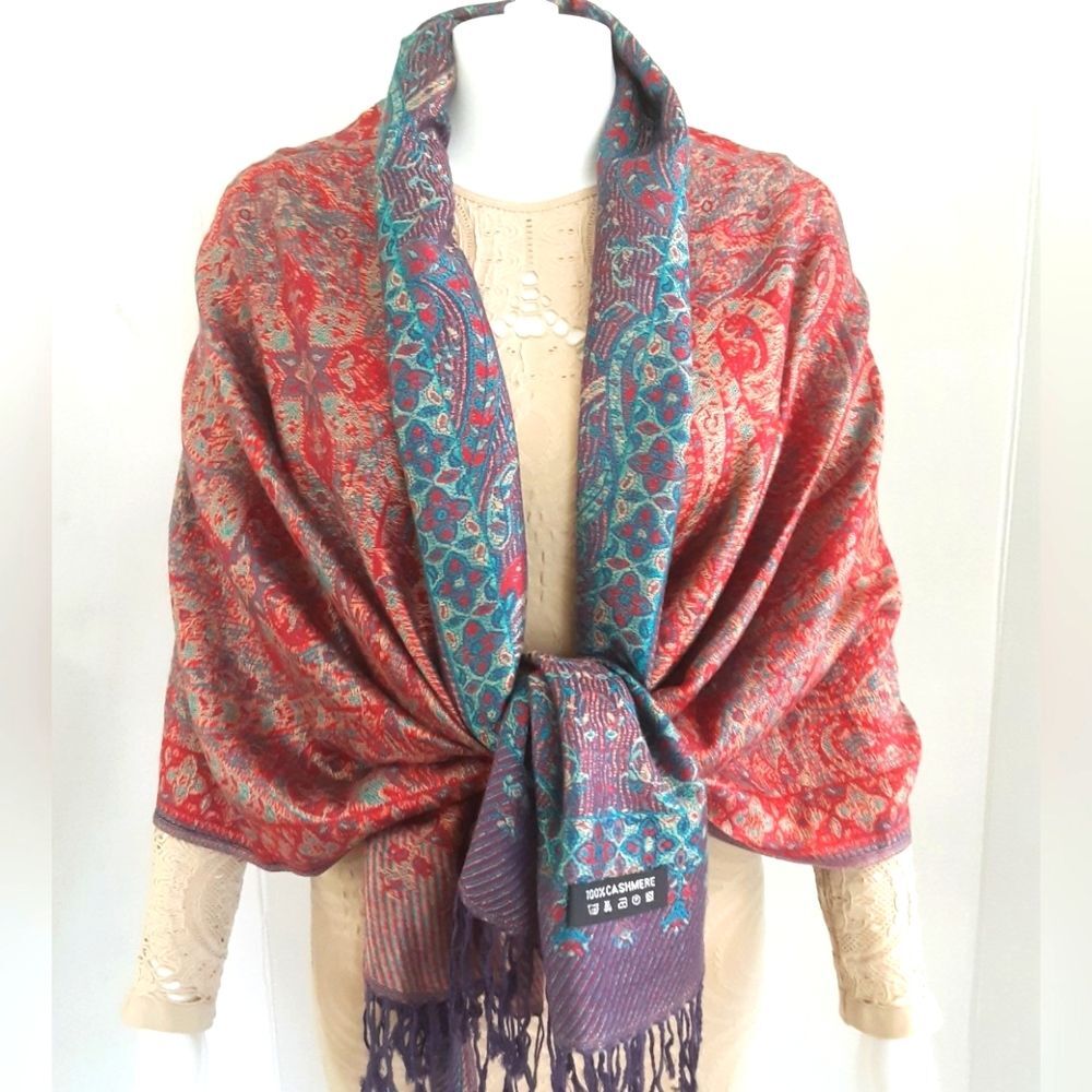 Paisley Print Multi-Colored 100% CASHMERE WRAP Sz. 27" x 64"